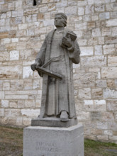 Denkmal des Theologen und Reformtors Thomas Müntzer (ca. 1489-1525) am Frauentor der Stadtmauer von Mühlhausen, 1957 vo