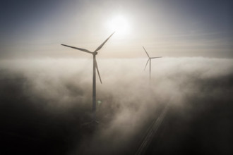 Windraeder im Nebel, aufgenommen in Wischer, 19.12.2019. Wischer Deutschland *** Windmills in fog, recorded in Wischer,
