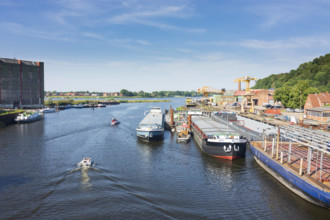 canal Elbe-Lübeck-Kanal, shipyard Hitzler Werft, view to river Elbe Lauenburg/Elbe Schleswig-Holstein Germany Herzogtum
