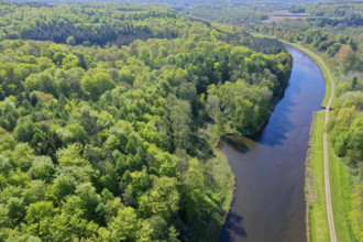 Mischwald von oben mit Elbe-Luebeck-Kanal, Drohnenaufnahme, Deutschland, Schleswig-Holstein mixed forest and Elbe-Luebec