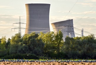 Sprengung der Kühltürme des stillgelegten Kernkraftwerks Grafenrheinfeld gesehen aus Richtung Heidenfeld am 16.08.2024 K