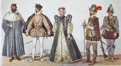 Mode, Kostüme, Kleidung von Karl IX. und der höfischen Gesellschaft in Frankreich zur Zeit der spanischen Mode um 1560-1