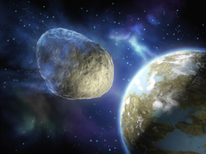 Asteroid on a collision path with a planet Asteroid on a collision path with an Earth-like planet. Digital illustration,