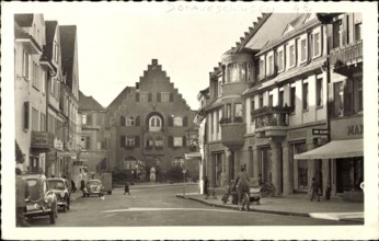 Donauschingen, Rue Principale, Schuhhaus Stehle, Eisenwaren, VW Käfer *** Donauschingen, Rue Principale, shoe store Steh