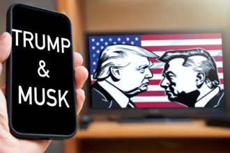 9 August 2024: A smartphone shows the names Trump and Musk, while the silhouettes of Donald Trump and Elon Musk can be s
