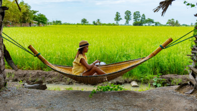 Asian women in hammock working on a laptop with on the background green rice paddy fields Asian women in a hammock worki