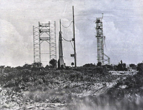 A Bumper Wac, a combination the V-2 rocket with a WAC Corporal upper stage, awaits launch on July 24, 1950. It was the e