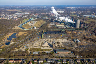 Luftbild, Halde Prosperstraße mit Alpincenter Bottrop Skihalle und Baustelle, ArcelorMittal Bottrop, ehemalige Zeche Pro