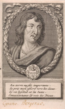 Portret van Cyrano Bergerac.Bust to the right of Hercule-Savinien de Cyrano de Bergerac. A lauwekrans with a weapon arou