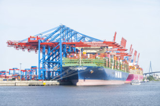 HHLA Container Terminal Burchardkai CTB im Hamburger Hafen - mit dem Schiff HMM St. Petersburg (blau) - Reederei Hyundai