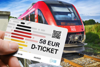 FOTOMONTAGE, Hand hält das Deutschlandticket D-Ticket mit dem Preis von 58 Euro vor einer Regionalbahn *** PHOTOMONTAGE,