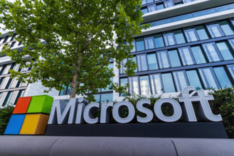 MUNICH, GERMANY - APRIL 08, 2025: Microsoft logo at the company office building located in Munich, Germany