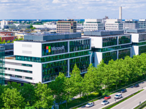 MUNICH, GERMANY - MAY 25, 2025: Microsoft logo at the company office building located in Munich, Germany