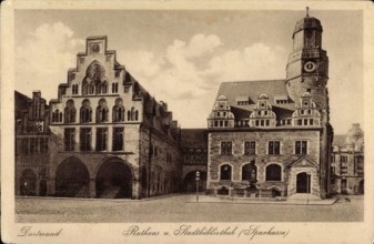 Dortmund Rathaus und Stadtbibliothek Sparkasse Straßenpartie AUFNAHMEDATUM GESCHÄTZT