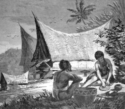 Houses and tombs in house form on Ehas, island of East New Guinea, illustration from 1880, from the voyages of discovery