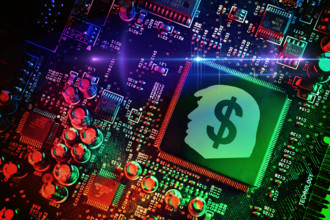 FOTOMONTAGE, Computerchip mit Trump-Profil und Dollarzeichen, Symbolfoto Trump-Coin $Trump *** PHOTOMONTAGE, computer ch