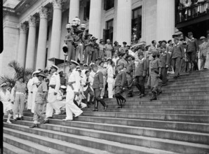 Japanese Surrender at Singapore, 12 September 1945 The Japanese delegation leaves the building after the surrender cerem