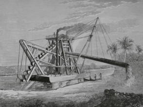 Colón (former Aspinwall), Panama. Dredge “Hercules" for the Panama Canal. Engraving by Capuz, 1883.
