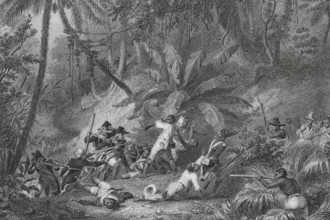 Haitian Revolution (1791-1804). Battle of Ravine-à-Couleuvres. Combat between French troops sent by Napoleon and Haitian rebel troops, 23 February 1802. Engraving by Outhwaite.