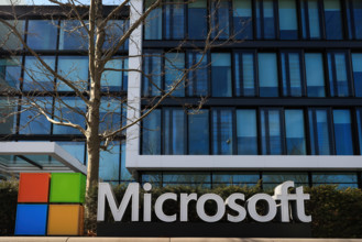 MUNICH, GERMANY - APRIL 10, 2023: Microsoft logo at the company office building located in Munich, Germany Microsoft eur