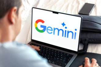 February 10, 2024: Man at laptop computer with the AI chatbot Google Gemini logo on the screen. PHOTOMONTAGE *** Mann an