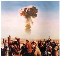 China: Workers and technicians at the Lop Nur Nuclear Weapons Test Base, Xinjiang, celebrate China s first nuclear bomb
