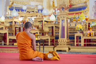 Mönch meditiert, Wat Prayurawongsawas Waravihan, auch: Wat Prayun, Bangkok, Thailand, Asien *** Monk meditates, Wat Pray