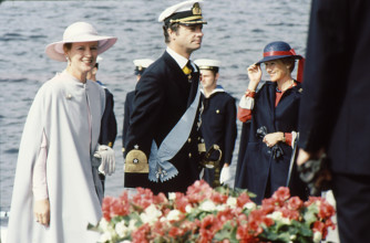 Swedish king carl gustaf and queen silvia welcomes queen margrethe and prince henrik of denmark in stockholm sweden.