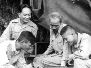 Vietnam: General Vo Nguyen Giap (back left) with President Ho Chi Minh (second from right) and other advisers during the