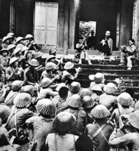 Vietnam: President Ho Chi Minh (1890-1969) addressing Viet Minh troops at the Tombs of the Hung Kings north of Hanoi dur