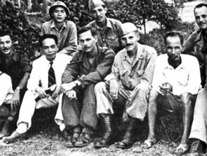 Vietnam: Indistinct but historically significant pictures of Vo Nguyen Giap and Ho Chi Minh with American OSS officers i