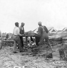 USA: The 1900 Galveston Hurricane. Galveston disaster, carrying dead body to fire to be burned , 1900 The Hurricane of 1