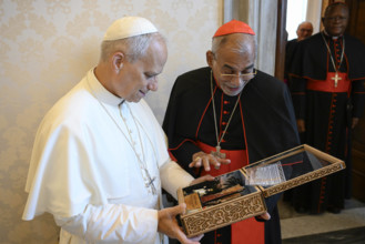 ITALY - POPE LEO XIV RECEIVES IN PRIVATE AUDIENCE HIS EMINENCE CARD. JAIME SPLENGER, CARD FILIPE NERI ANTONIO SEBASTIA DO ROSARIO FERRAO, CARD. FRIDOLIN AMBONGO BESUNGU , MGR LINZARDO ESTRADA HERRERA ...