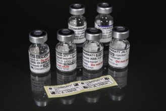 Originale Phiolen aller Comirnaty Impfstoffe von BioNTech Pfizer. Redaktionell: Originale Phiolen aller Comirnaty Impfst