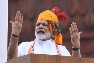 NEW DELHI, INDIA - AUGUST 15: Prime Minister Narendra Modi addresses the nation from the rampart of Red Fort during the