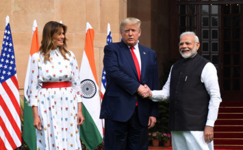 NEW DELHI, INDIA - FEBRUARY 25: Prime Minister Narendra Modi with US President Donald Trump and First Lady Melania Trum