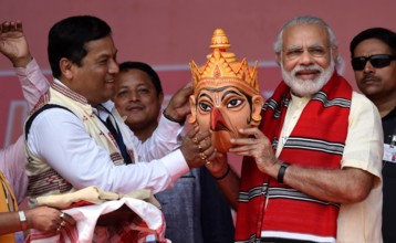 ASSAM, INDIA - MARCH 26: Prime Minister Narendra Modi with Bharatiya Janata Party (BJP) election candidate Sarbananda S