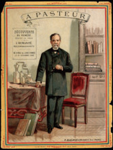 Louis Pasteur, standing, holding eyeglasses, with chemical apparatus and books. Chromolithograph. Copyright: xpiemagsx