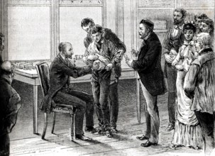 People queueing in the laboratories of Louis Pasteur for the vaccination against rabies . Paris 1885 Mono Book Illustrat