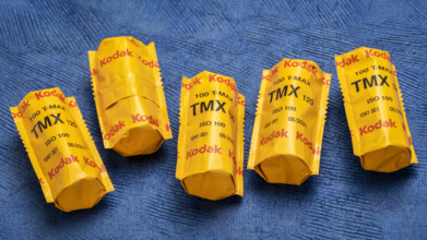 Rolls of 120 black and white TMX film by Kodak Fort Collins, CO, USA - July 10, 2020: Rolls of 120 black and white TMX (