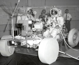This image depicts the Apollo 16 mission astronauts John Young (right) and Charles Duke (left) in pressure suits during