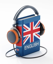 English dictionary with headphones isolated on white background. 3D illustration English dictionary with headphones isol