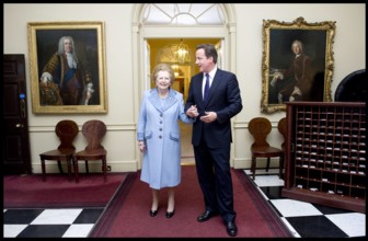 British Prime Minister David Cameron with former Prime Minister Baroness Margaret Thatcher inside Number 10 Downing Stre