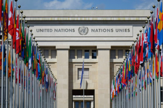 Emblem und Schriftzug der Vereinten Nationen Emblem und Schriftzug der Vereinten Nationen, 02.08.2019. Genf, Ariane-Par