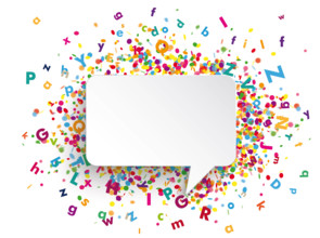 Rectangle Speech Bubbles Colored Letters Logopaedie Rectangle speech bubble with colored letters and confetti on the gra