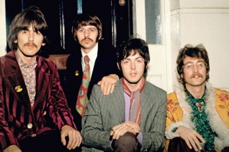 Publicity photo of The Beatles (George Harrison, Ringo Starr, Paul McCartney and John Lennon) at Abbey Road Studios, (1