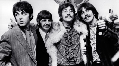 Publicity photo of The Beatles (Paul McCartney, Ringo Starr, John Lennon, George Harrison) at Abbey Road Studios, (1967