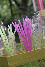 Meal in pink and green theme: glasses with straws and plastic spoons