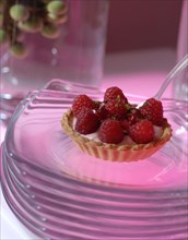 Meal in pink and green theme: raspberry tartlets flavoured with rose water