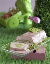 Meal in pink and green theme: light broccoli ham terrine